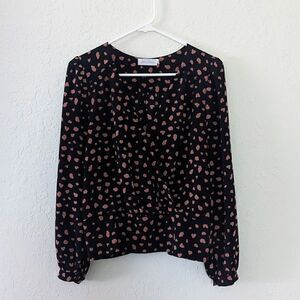 Womens All in Favor Blouse Black w/ Pink Polka Dot Long Sleeved V Neck Small GUC